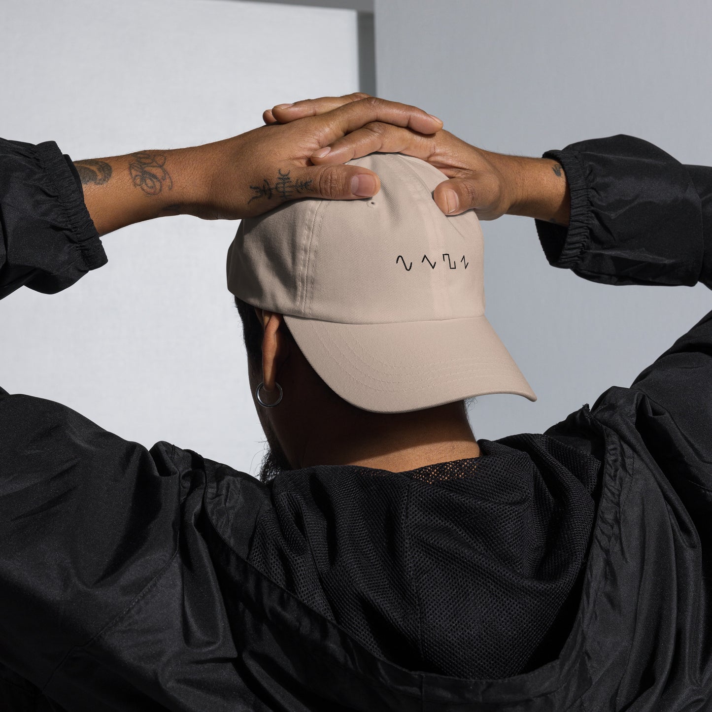 Dezolent Basic Shapes Tan Khaki Dad Hat Backwards Cap Model Mockup: Sine Wave, Triangle Wave, Square Wave, Sawtooth Wave