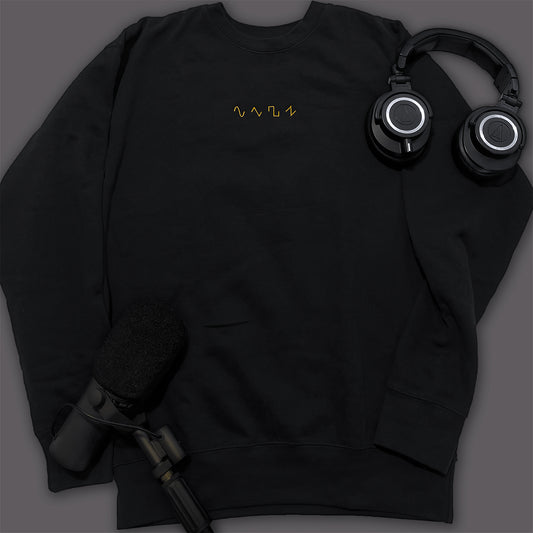 Basic Shapes Black Crewneck Sweatshirt by Dezolent with Audio-Technica Headphones and Shure SM7B Microphone: Sine Wave, Triangle Wave, Square Wave, Sawtooth Wave