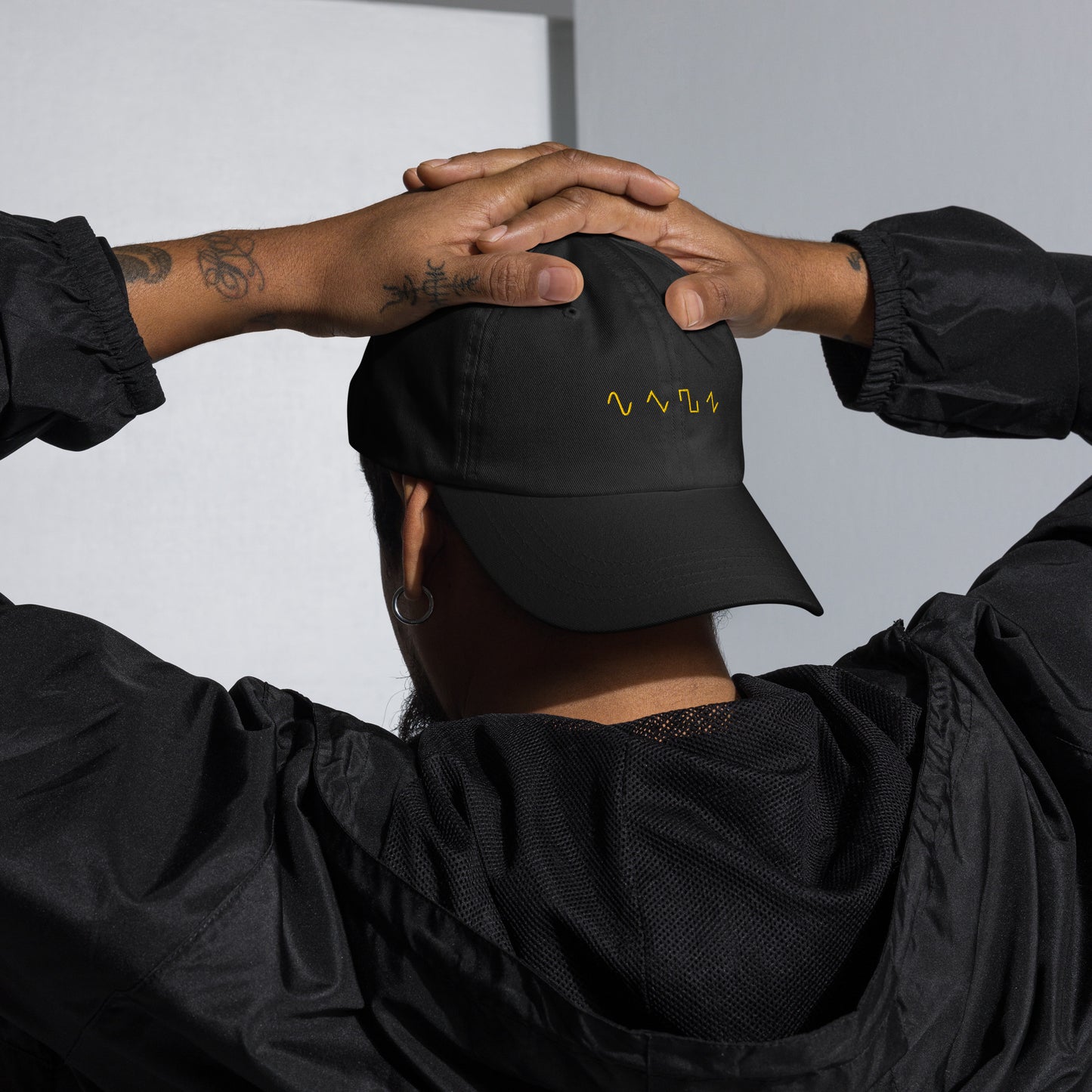 Dezolent Basic Shapes Black Dad Hat Backwards Model Photo: Sine Wave, Triangle Wave, Square Wave, Sawtooth Wave
