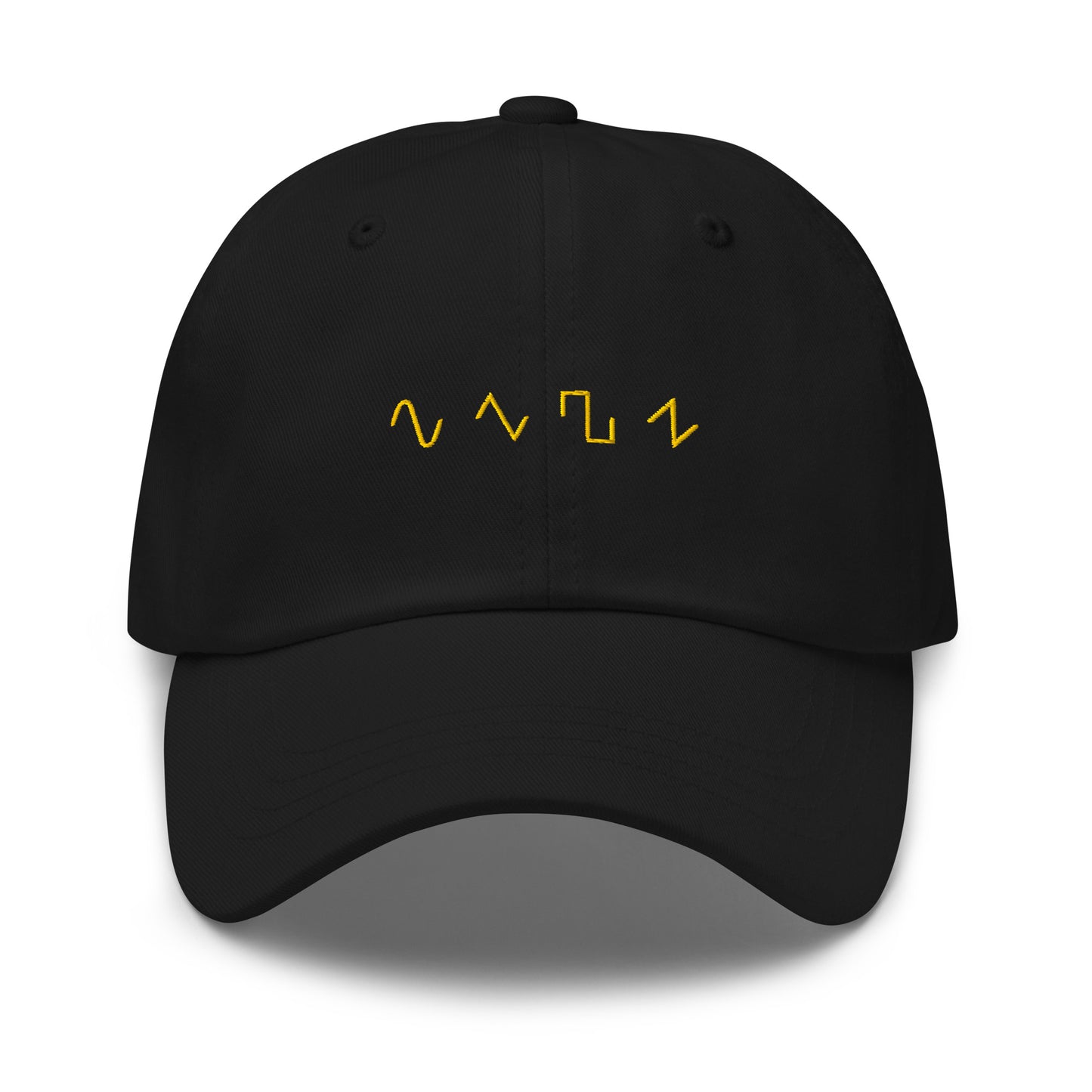 Dezolent Basic Shapes Black Dad Hat Front View: Sine Wave, Triangle Wave, Square Wave, Sawtooth Wave