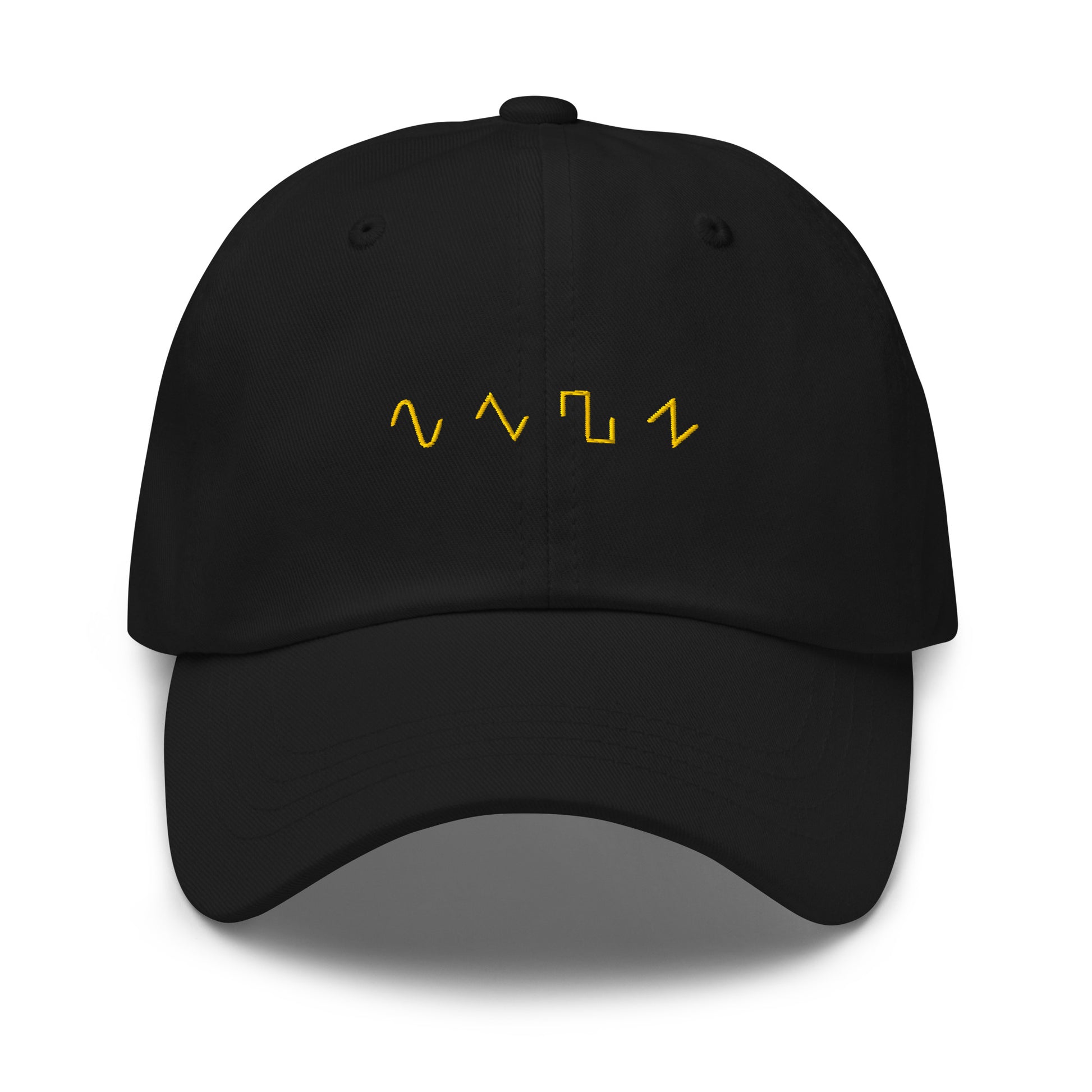 Dezolent Basic Shapes Black Dad Hat Front View: Sine Wave, Triangle Wave, Square Wave, Sawtooth Wave